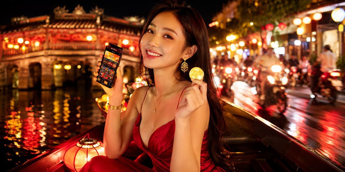 Người dùng tại chợ đêm Hội An theo dõi casino trên điện thoại di động ban đêm