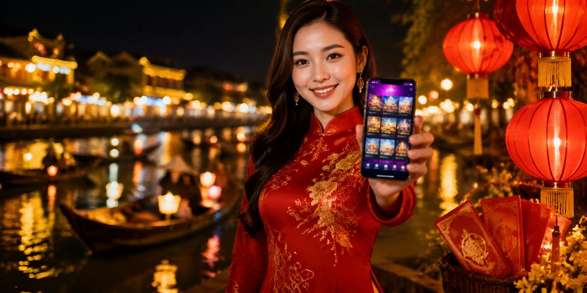 Không khí lễ hội tại Hội An với áo dài và phong bì đỏ may mắn, biểu tượng khuyến mãi và bonus tại nền tảng game trực tuyến